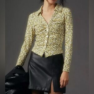 Anthropologie Maeve Yellow and Black Patterned Blouse
